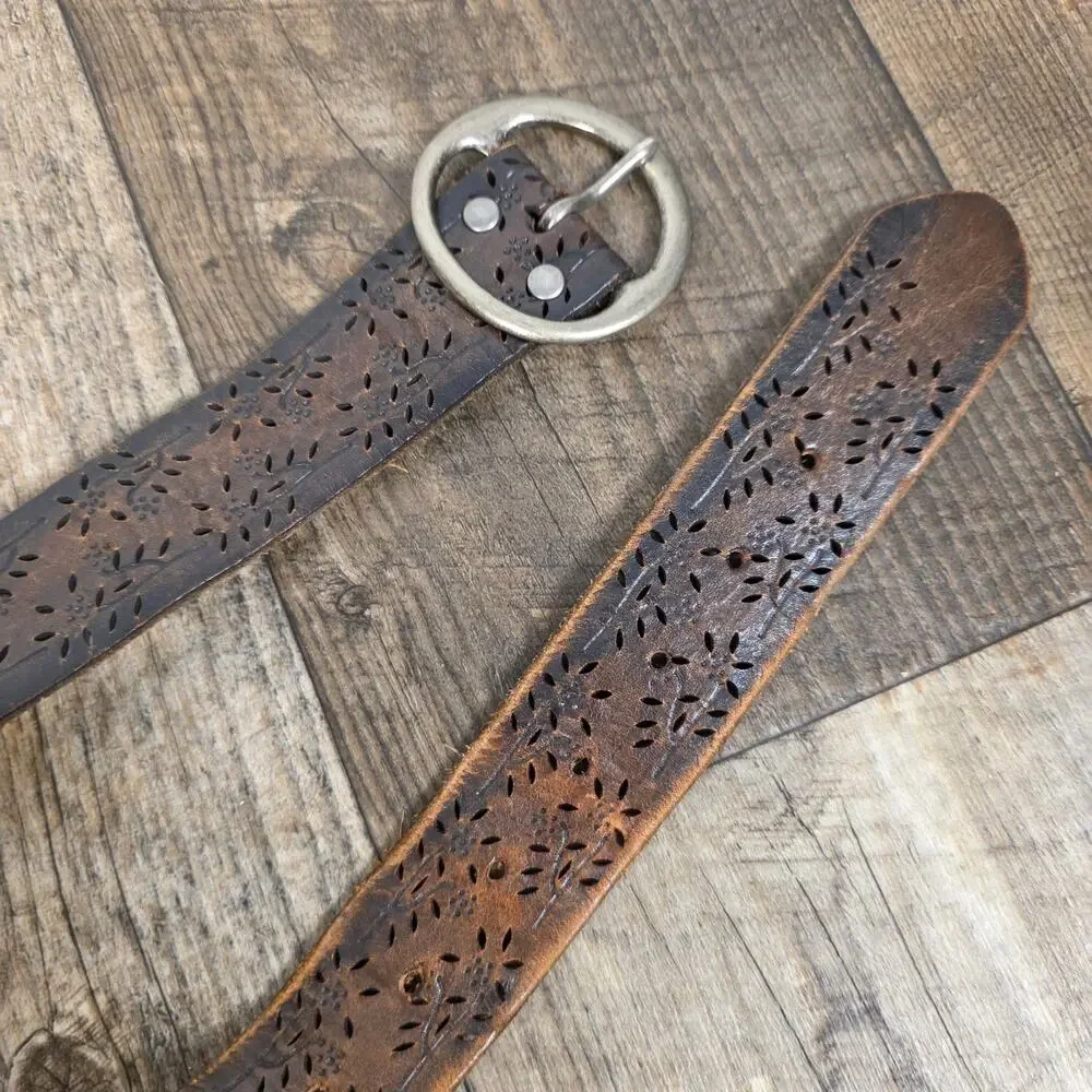 Vibtage Brown Leather Distressed Floral Cutout Belt Western Boho